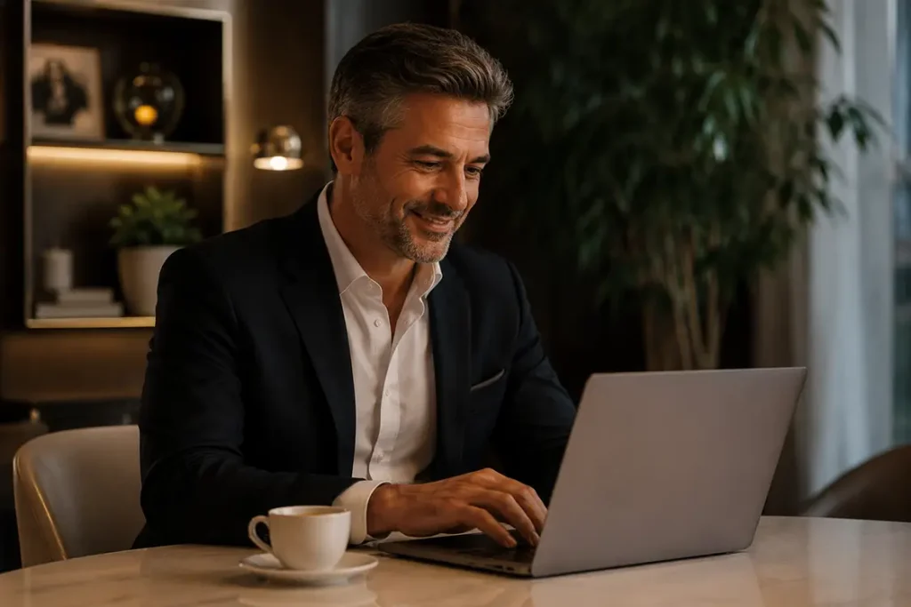 Successful New Zealand member creating a SweetMeet dating profile on a laptop