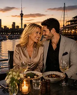 Couple sharing dinner on Auckland's waterfront representing genuine companionship and connection